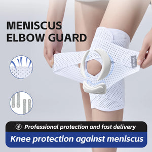 Meniscus elbow guard being worn on a person's arm with text and icons indicating features.