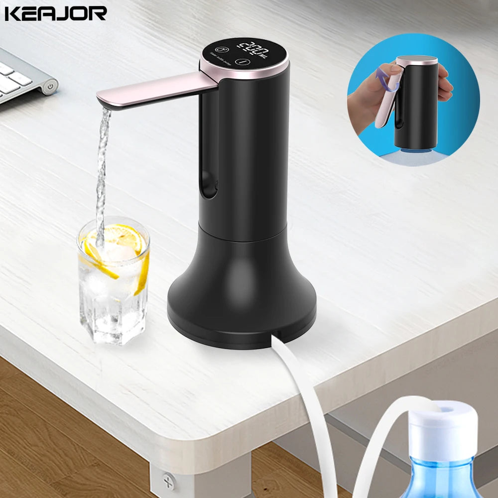 Black electric water pump on a desk with a glass of water and lemon, and a close-up of a hand holding a black mug.