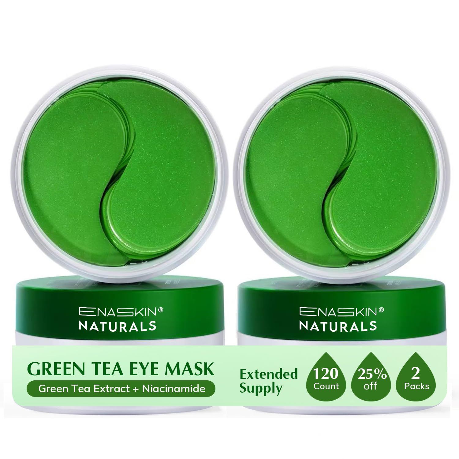 Enaskin Naturals Green Tea Under Eye Patches 2-Pack - 60 Pairs of Soothing Antioxidant Eye Masks