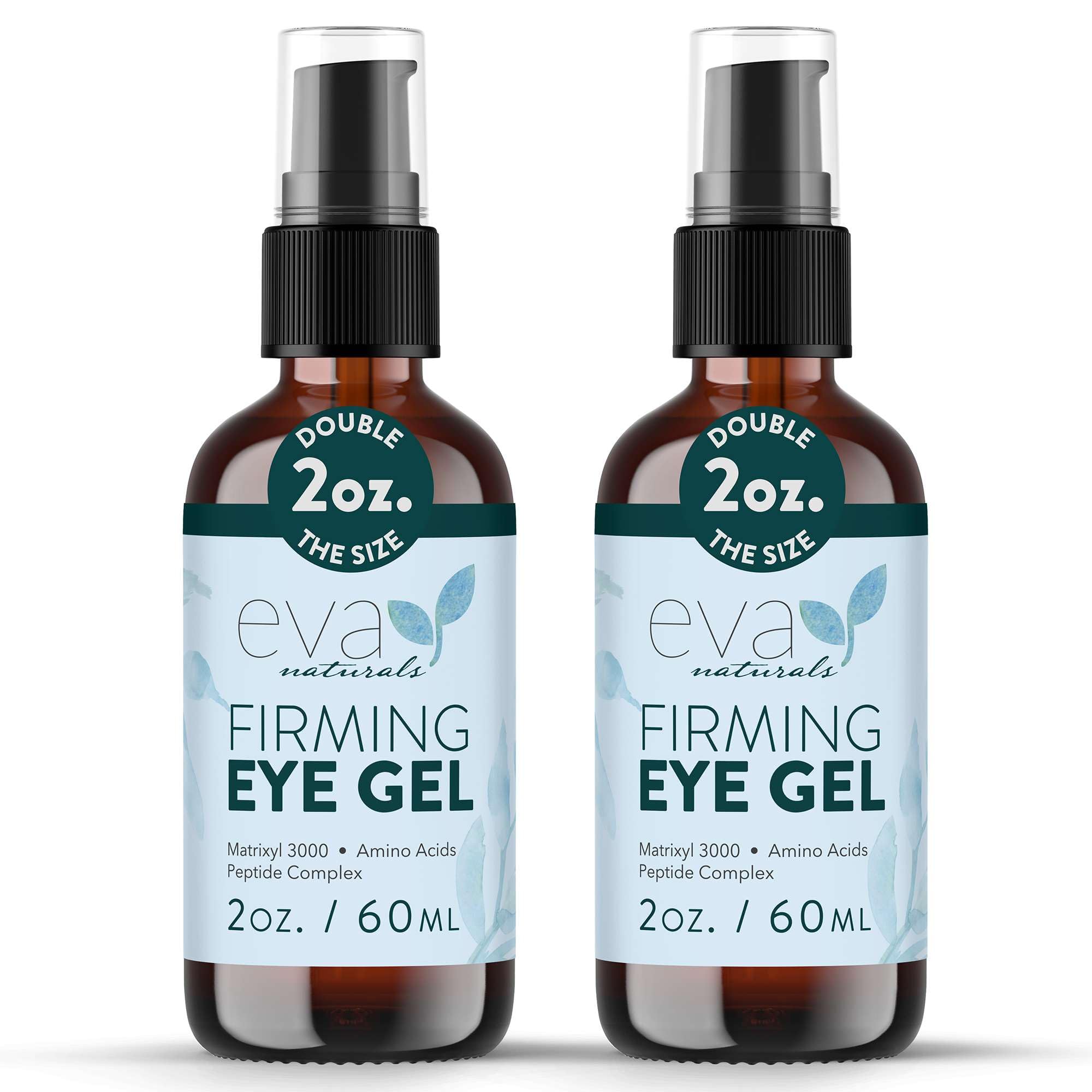 Two 2 oz bottles of Eva Naturals Eye Gel, a peptide-infused anti-aging treatment for dark circles and puffiness.
