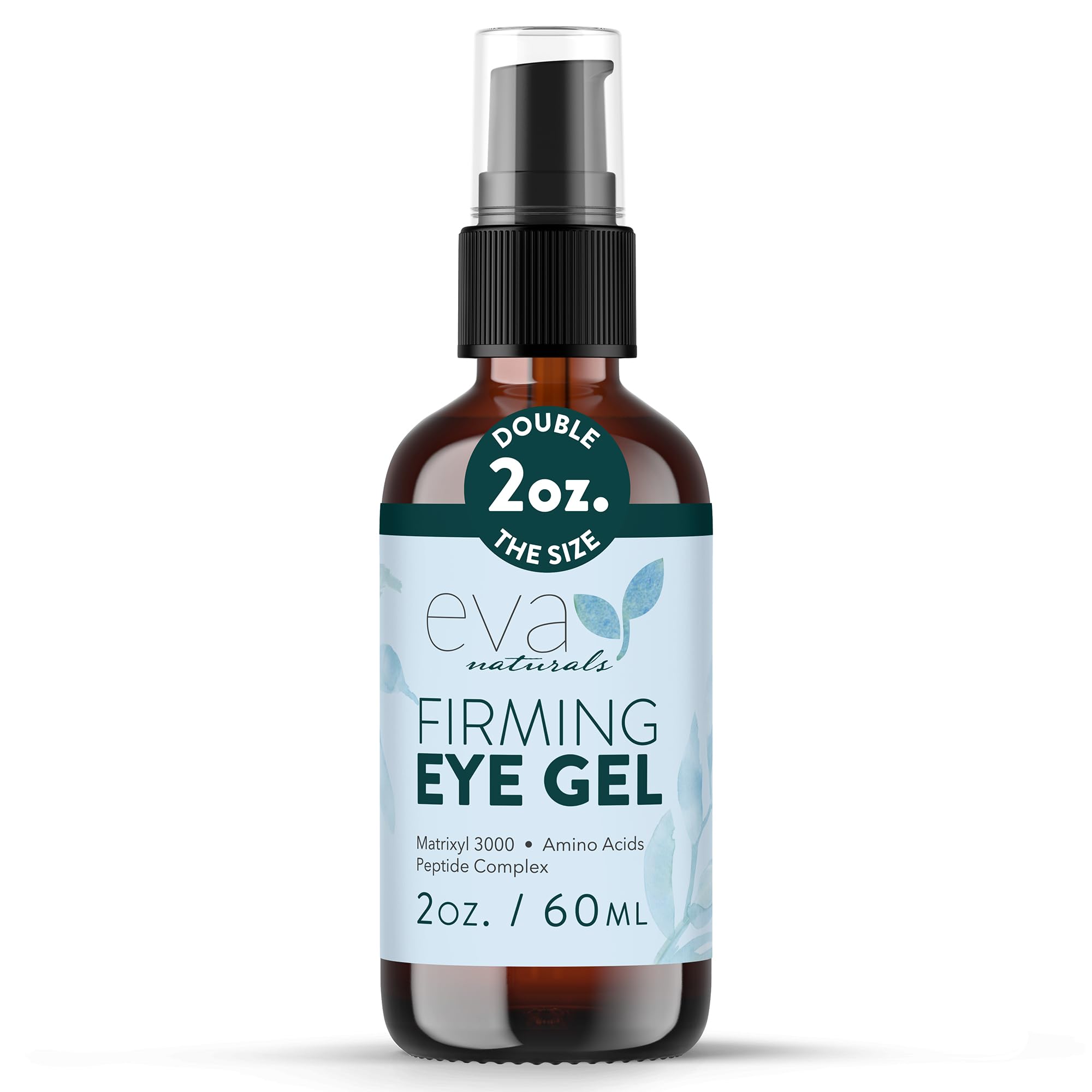 2 oz bottle of Eva Naturals Eye Gel, a firming and hydrating peptide serum for tired eyes and wrinkles.