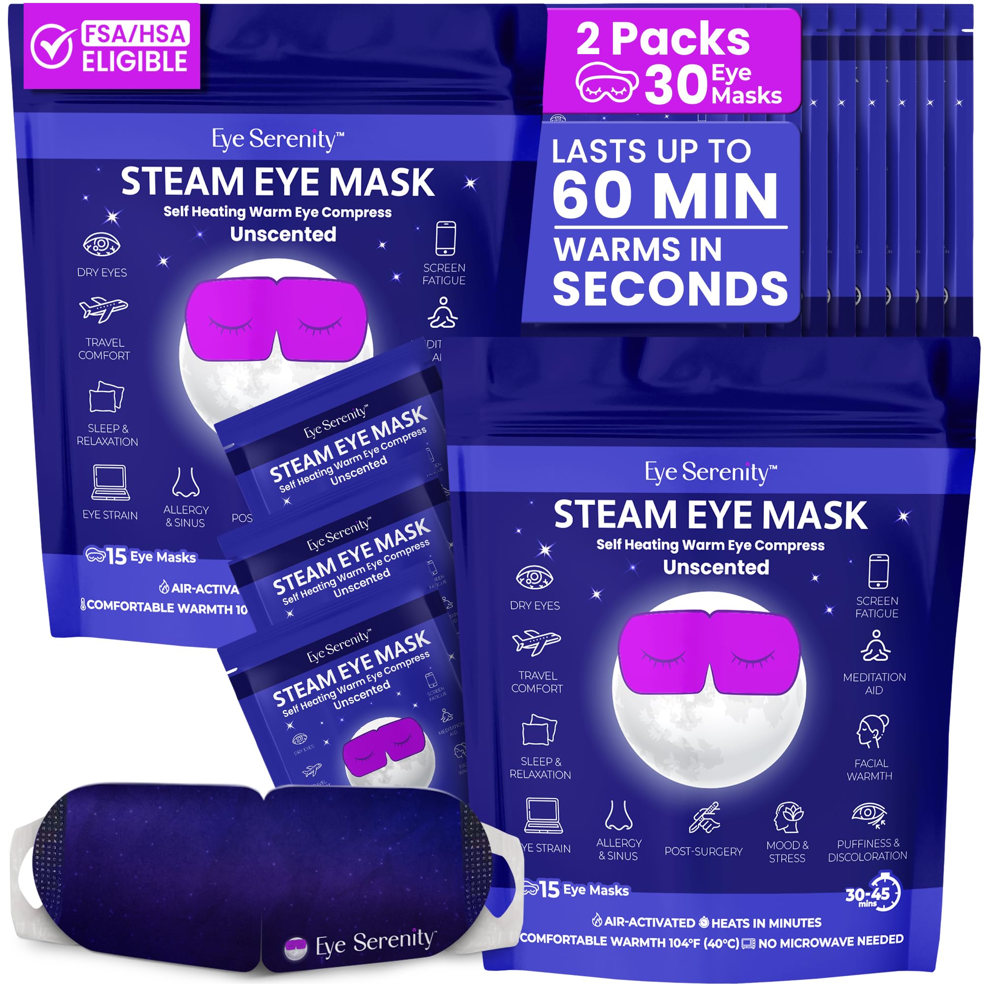 Eye Serenity unscented steam eye masks in a 30-count box, featuring self-heating technology for dry eye relief and relaxation.