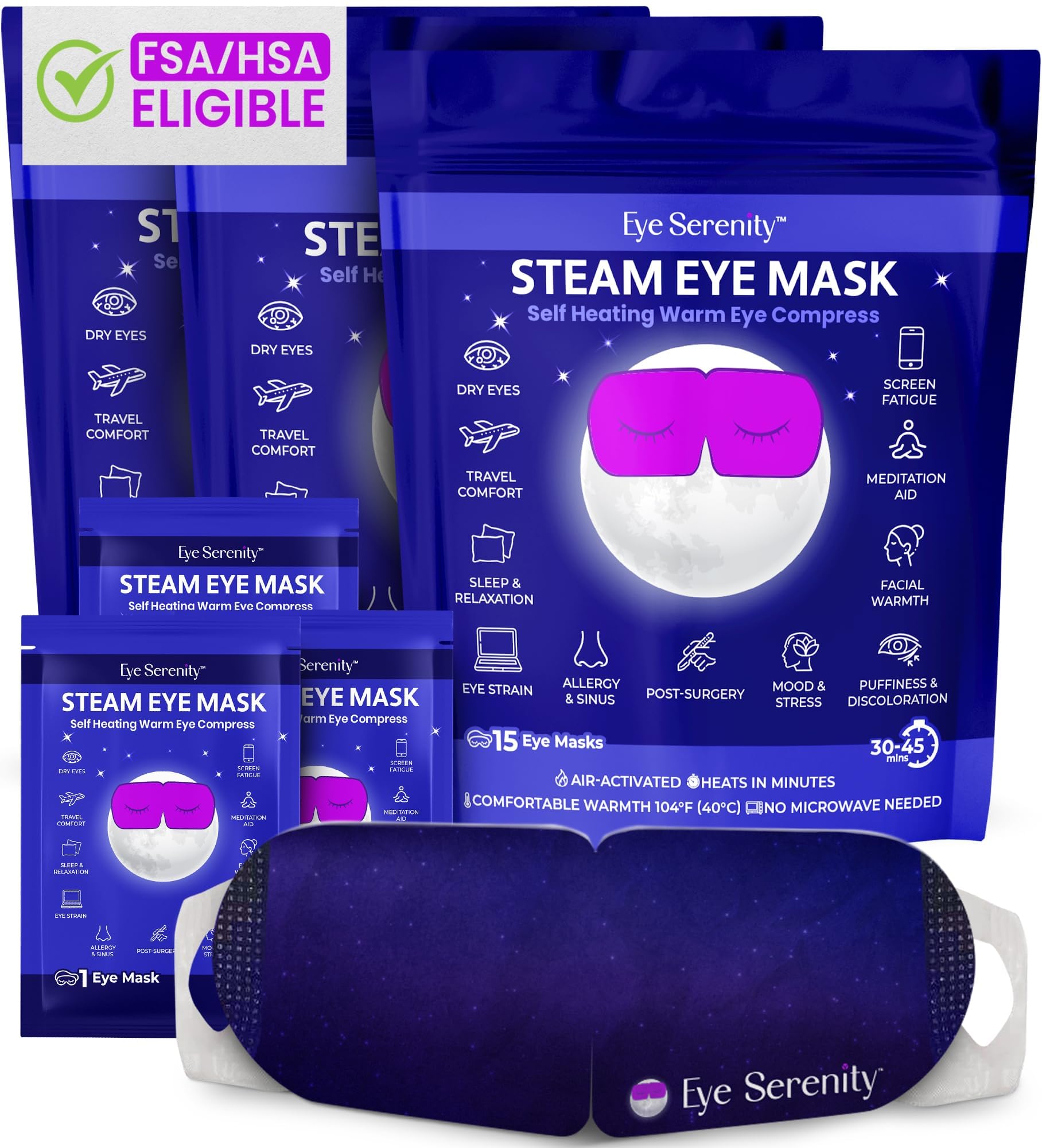 A 45-pack of Eye Serenity unscented steam eye masks, showing the self-heating disposable patches for eye relaxation.