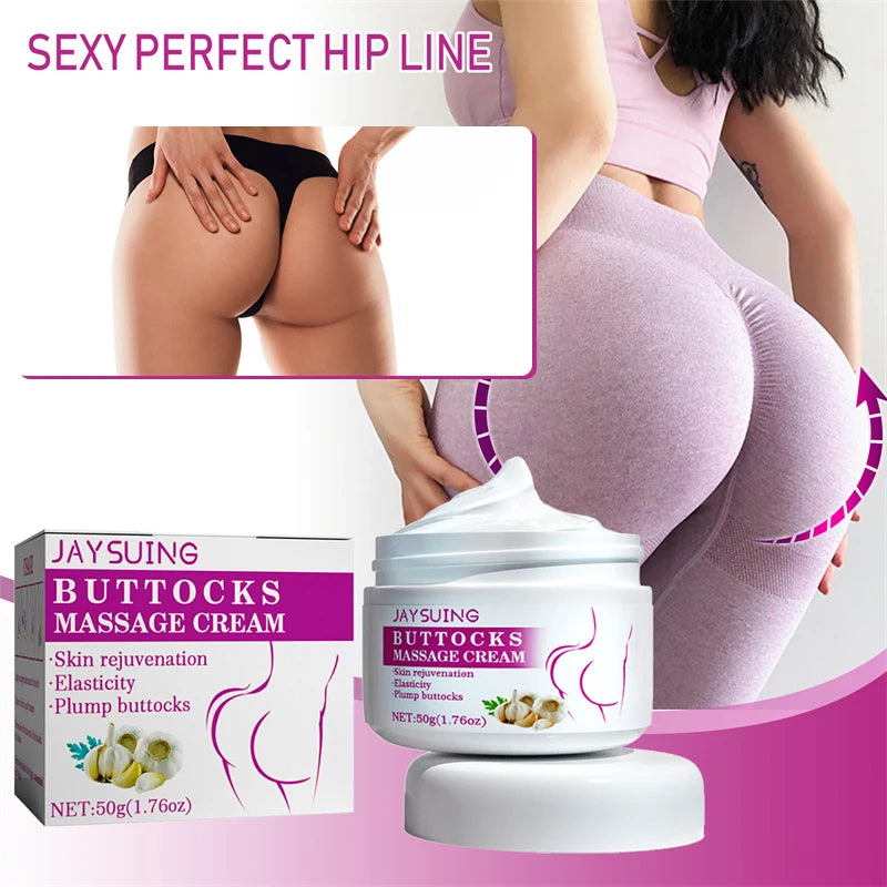 Jaysuing Buttocks Massage Cream packaging with a woman's body on a pink background