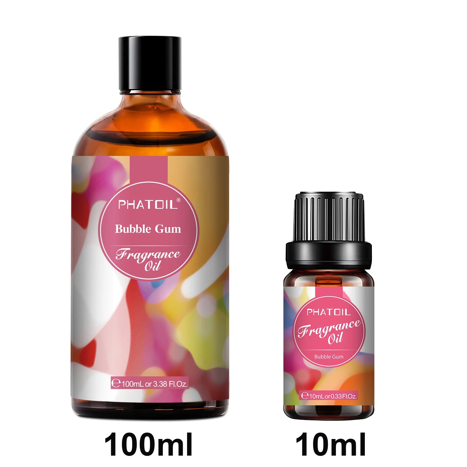 Two bottles of PhatOil Bubble Gum fragrance oil, one 100ml and one 10ml, on a white background.