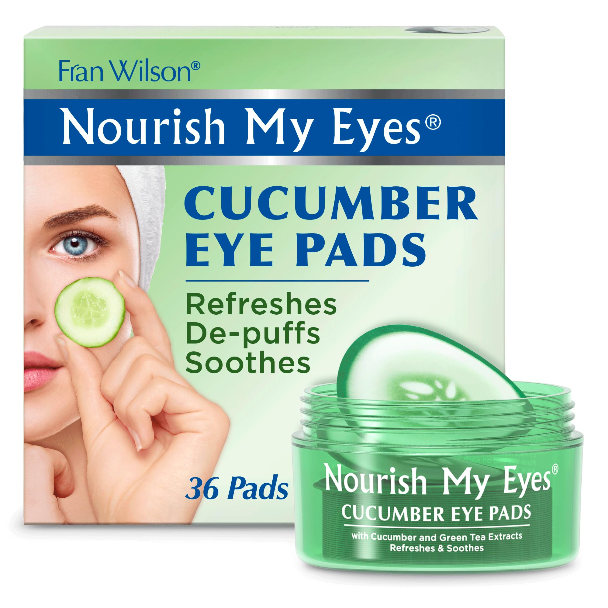 Jar of 36 Fran Wilson Nourish My Eyes pre-moistened cucumber eye pads for soothing and depuffing.