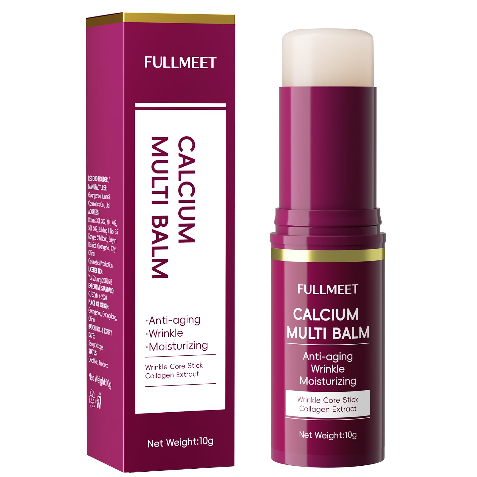 FullMeet Calcium Volume Multi Balm stick applied to the neck and face to improve skin elasticity and reduce wrinkles.