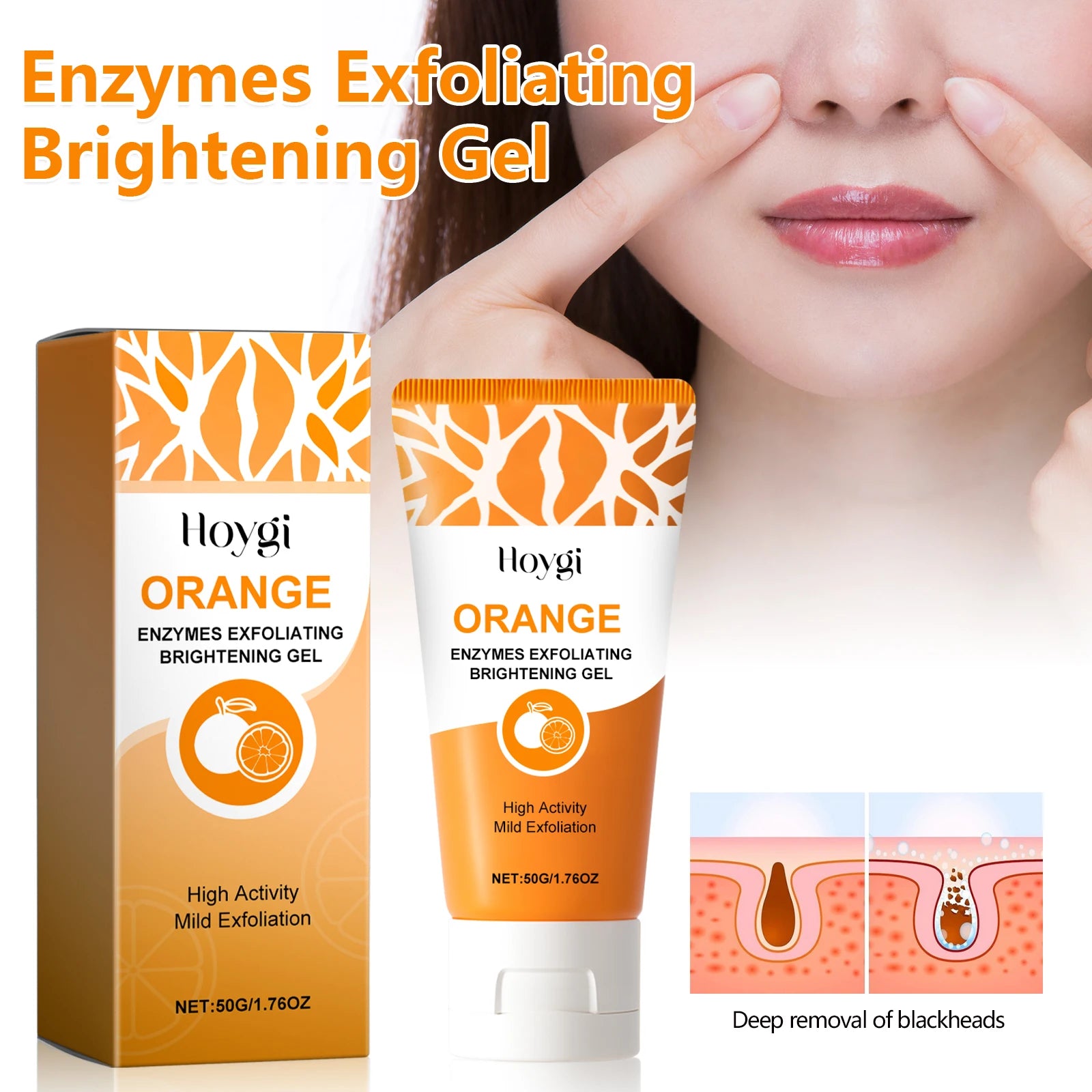 Hoygi Orange Enzymes Exfoliating Brightening Gel packaging and tube with a woman applying it.