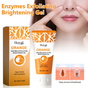 Hoygi Orange Enzymes Exfoliating Brightening Gel packaging and tube with a woman applying it.
