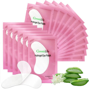 100 pairs of GreenLife GreenLife natural hydrogel eye gel pads with collagen and aloe vera for eyelash extension application and under-eye treatment.