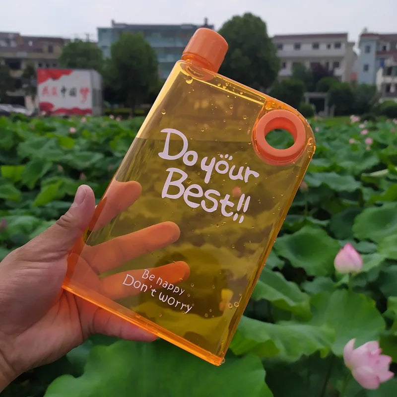 Flat Book-Style Water Bottle 380ml – Transparent Slim Plastic Flask for Travel & Outdoor Use