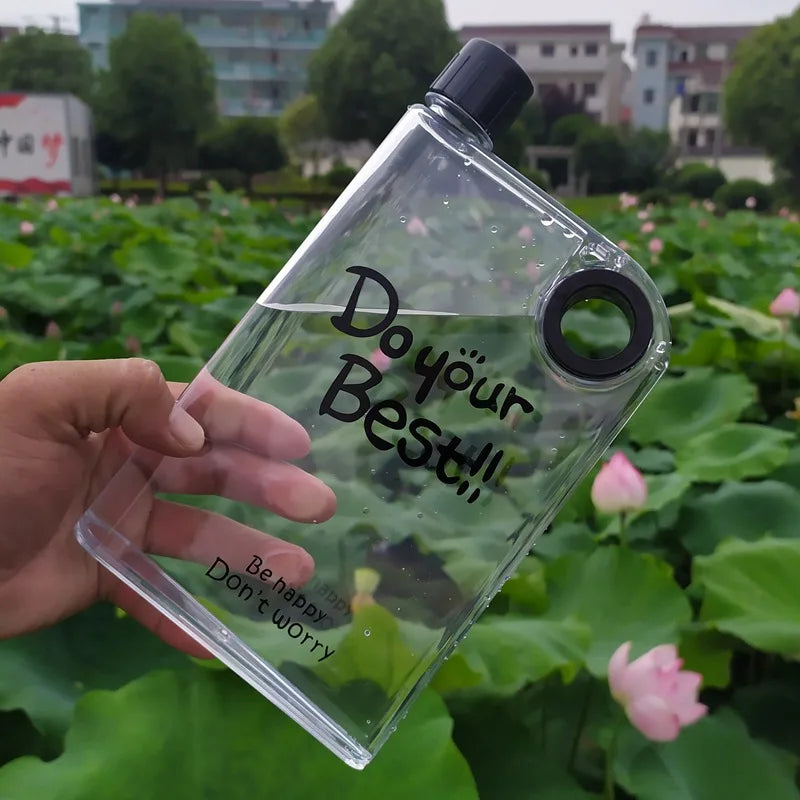 Flat Book-Style Water Bottle 380ml – Transparent Slim Plastic Flask for Travel & Outdoor Use