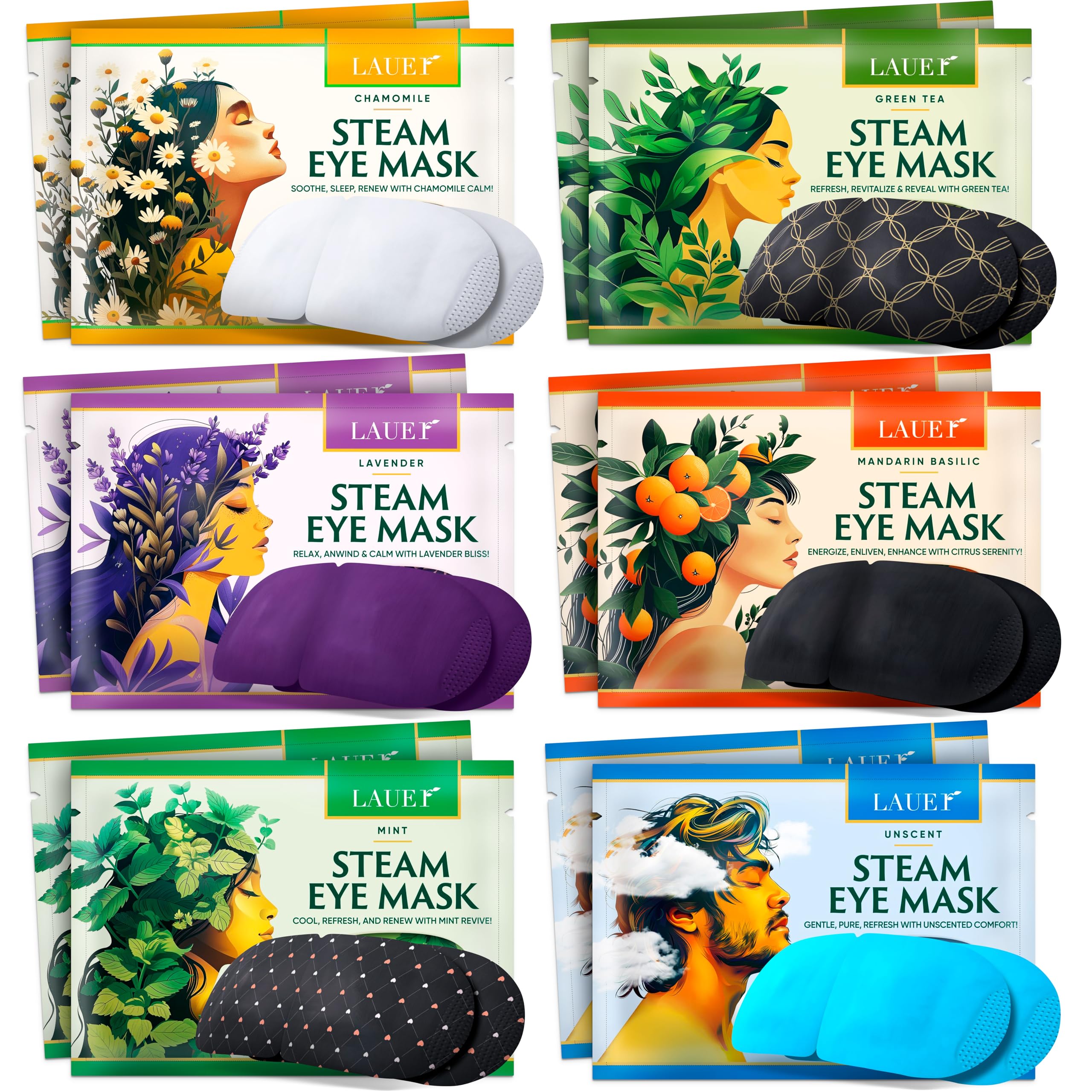 Pack of colorful steam eye masks with different scents like Lavender, Chamomile, and Mint, showing the self-heating warm compress feature.