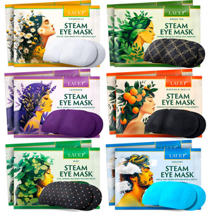 Pack of colorful steam eye masks with different scents like Lavender, Chamomile, and Mint, showing the self-heating warm compress feature.