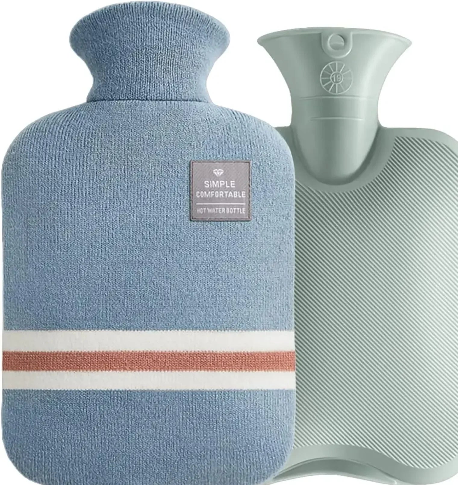 Blue hot water bottle with a textured cover and a gray hot water bottle on a white background.