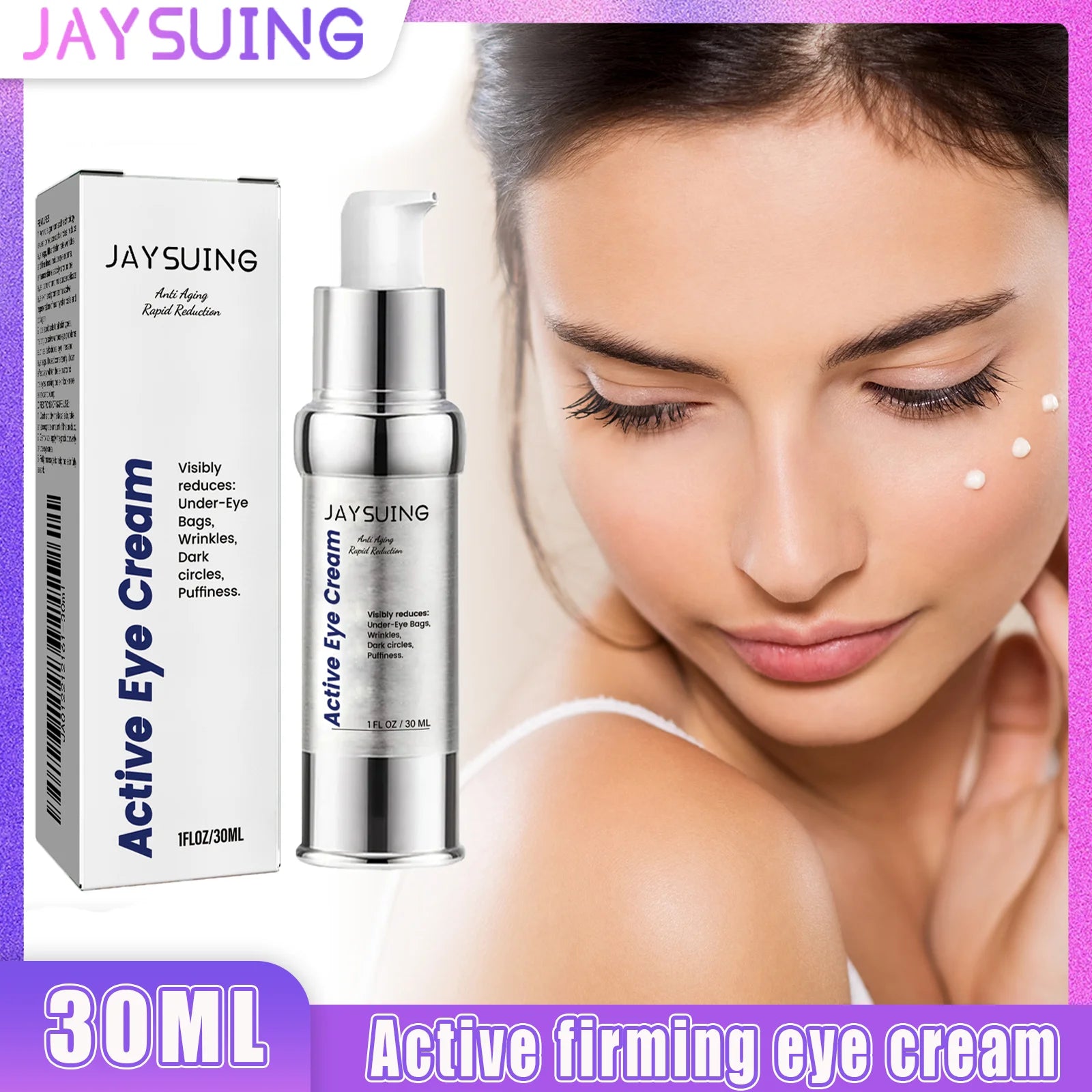 Jaysuing Active Eye Cream with packaging and a model applying the cream.