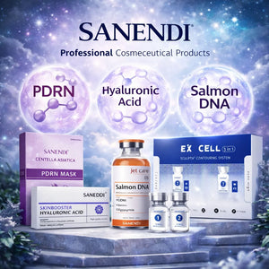 SANENDI professional cosmeceutical products with PDRN, Hyaluronic Acid, and Salmon DNA on a mystical background.