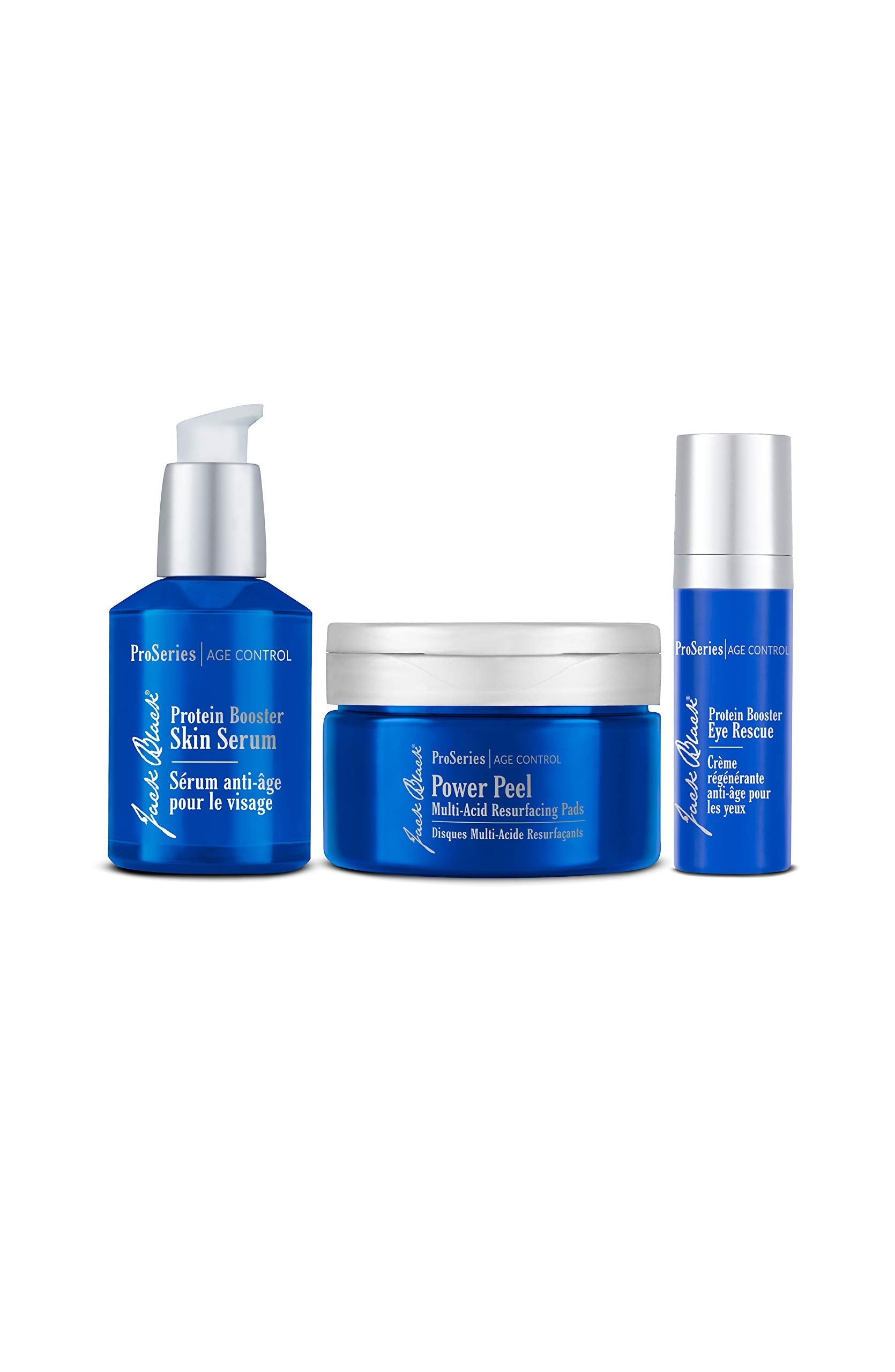 Premium 3-piece Jack Black Defensive Line Anti-Aging Triple Play skincare set in professional blue and silver packaging.