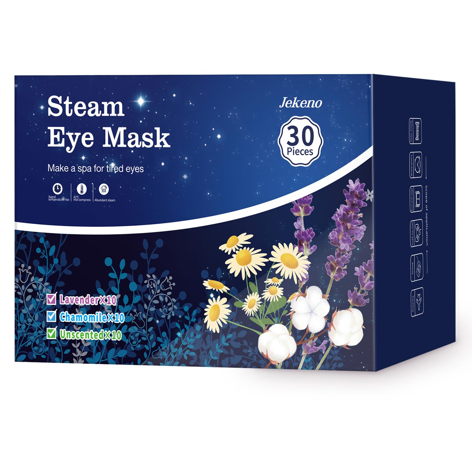 Jekeno 30 Packs Steam Eye Mask bulk box, featuring disposable self-heating warm compress masks for 1-hour eye relaxation.