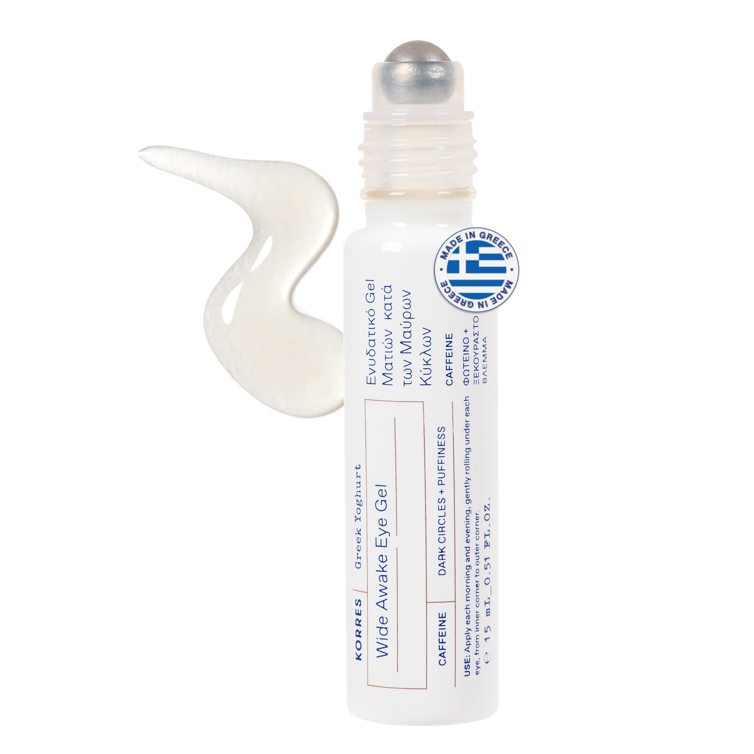 KORRES Greek Yoghurt wide awake eye gel serum roller with hyaluronic acid and caffeine for dark circles and puffiness 0.51 fl oz