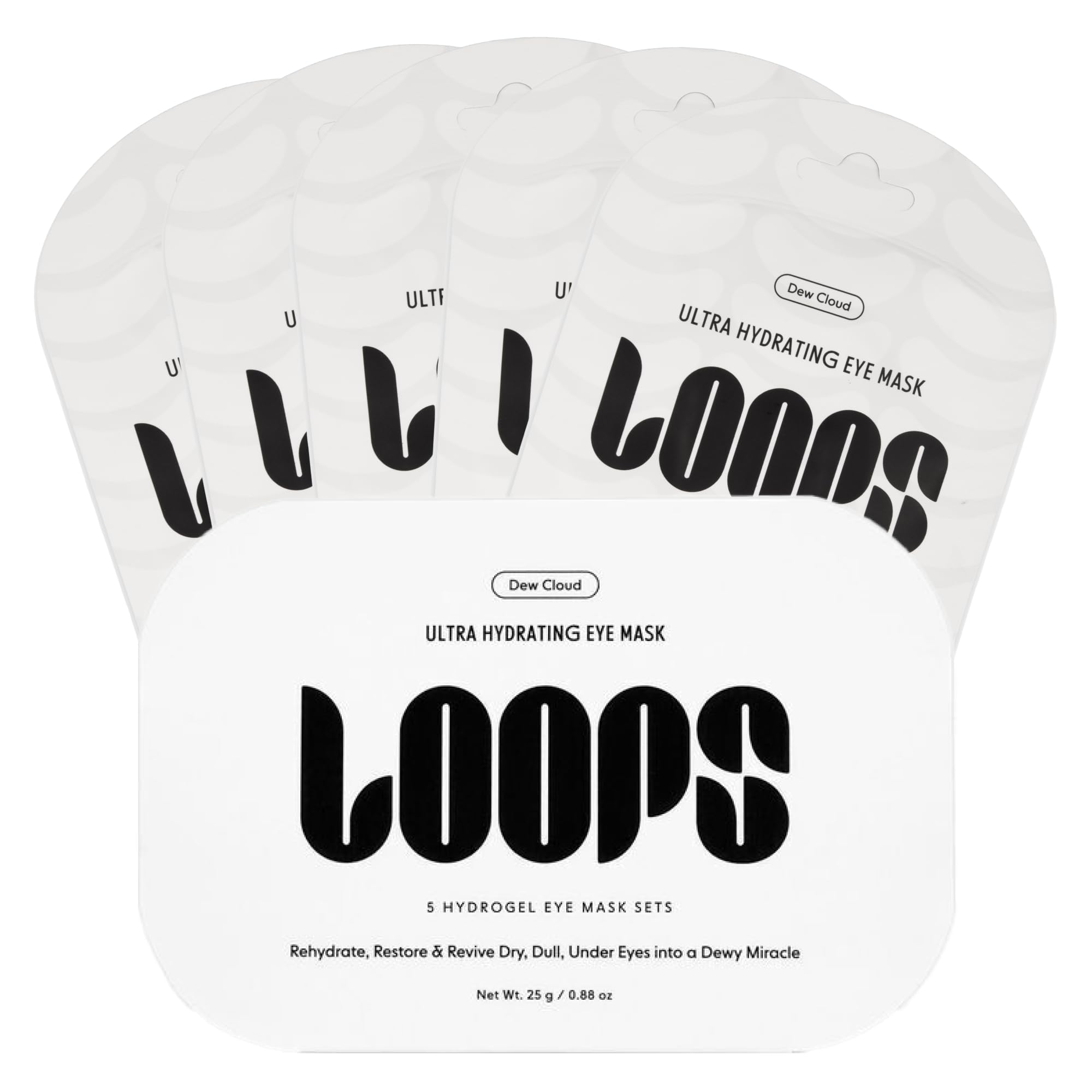 Box of 5 LOOPS Dew Cloud Hydrogel Eye Masks, showing the textured cooling patches designed for deep under-eye hydration.