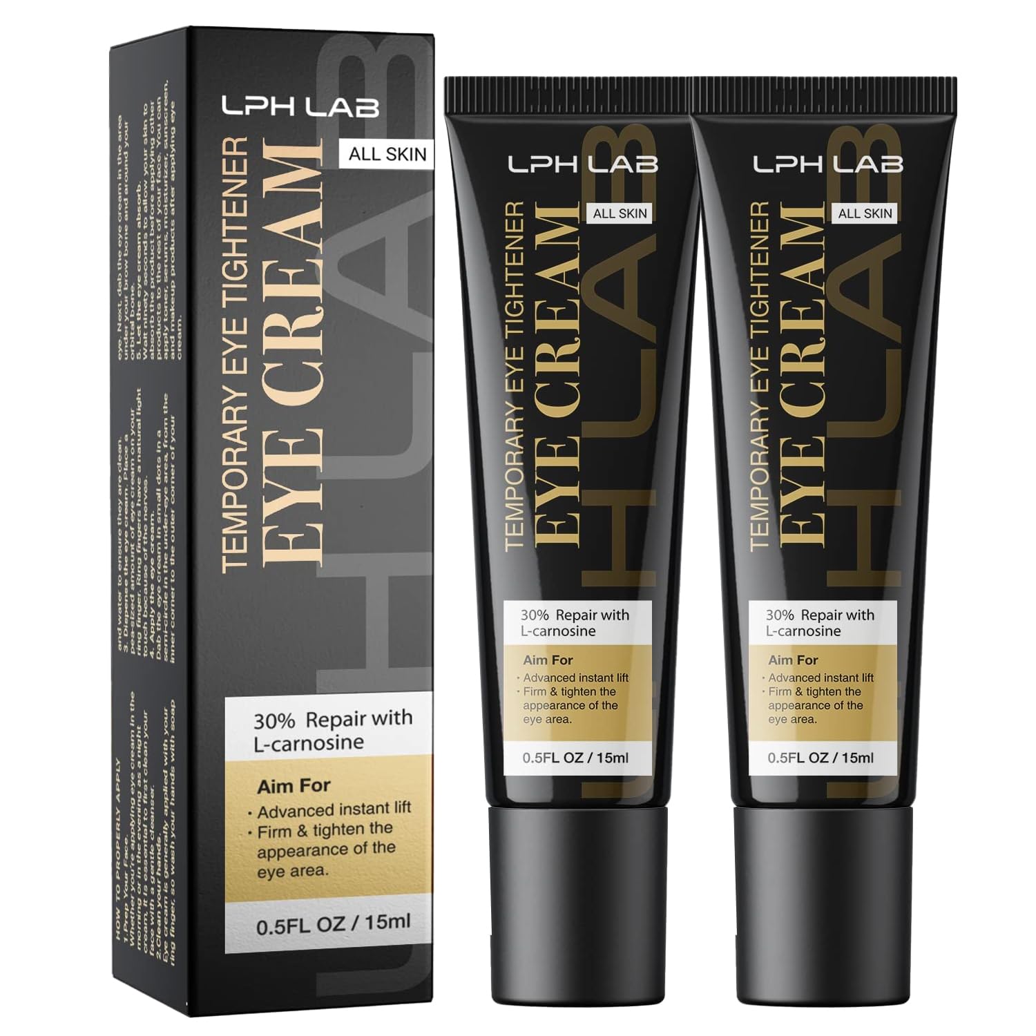 Two 0.5 oz containers of LPH LAB Temporary Eye Tightener for instant removal of eye bags and fine lines.
