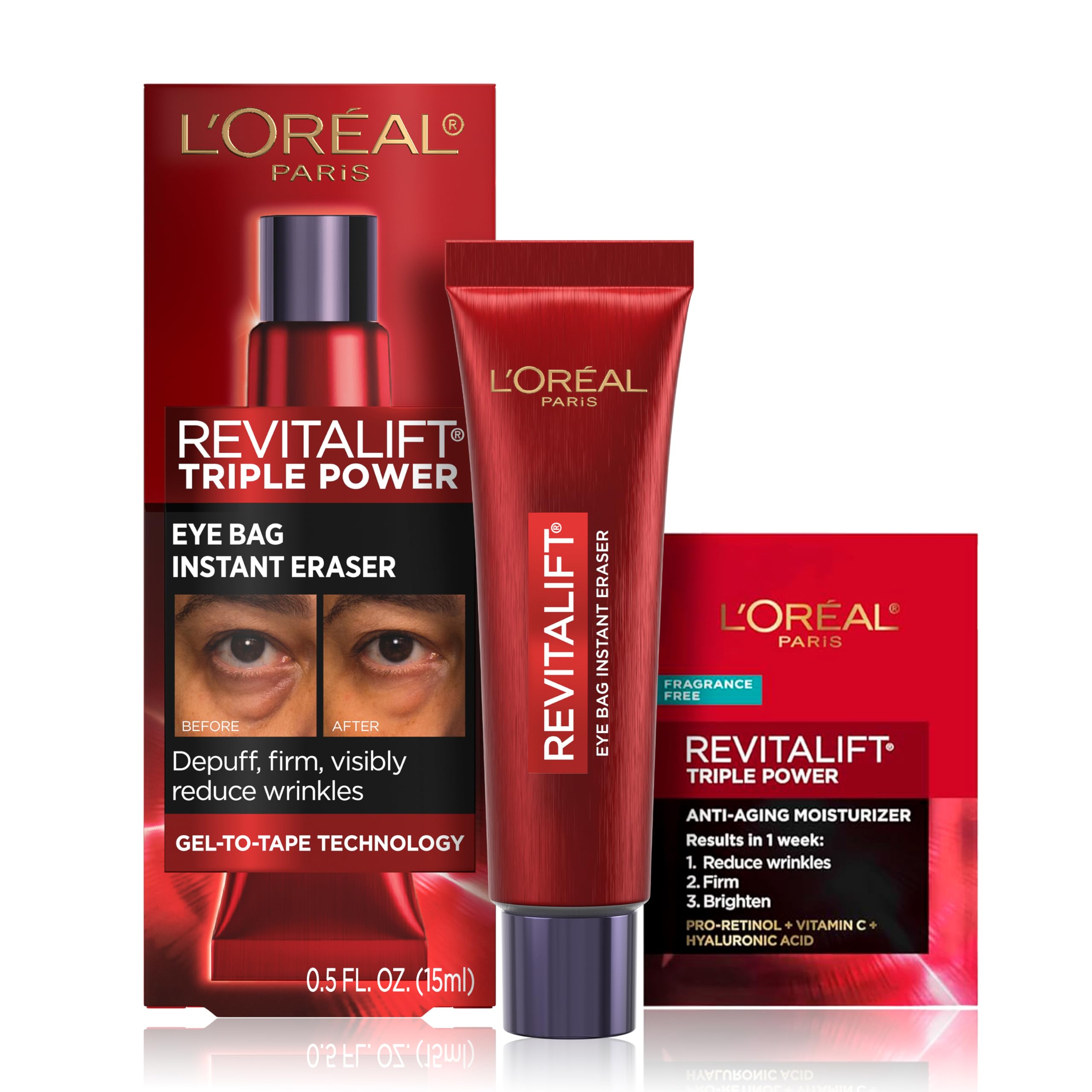 L'Oreal Paris Revitalift Triple Power Eye Bag Instant Eraser 0.5 oz tube with bonus sample.