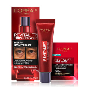 L'Oreal Paris Revitalift Triple Power Eye Bag Instant Eraser 0.5 oz tube with bonus sample.