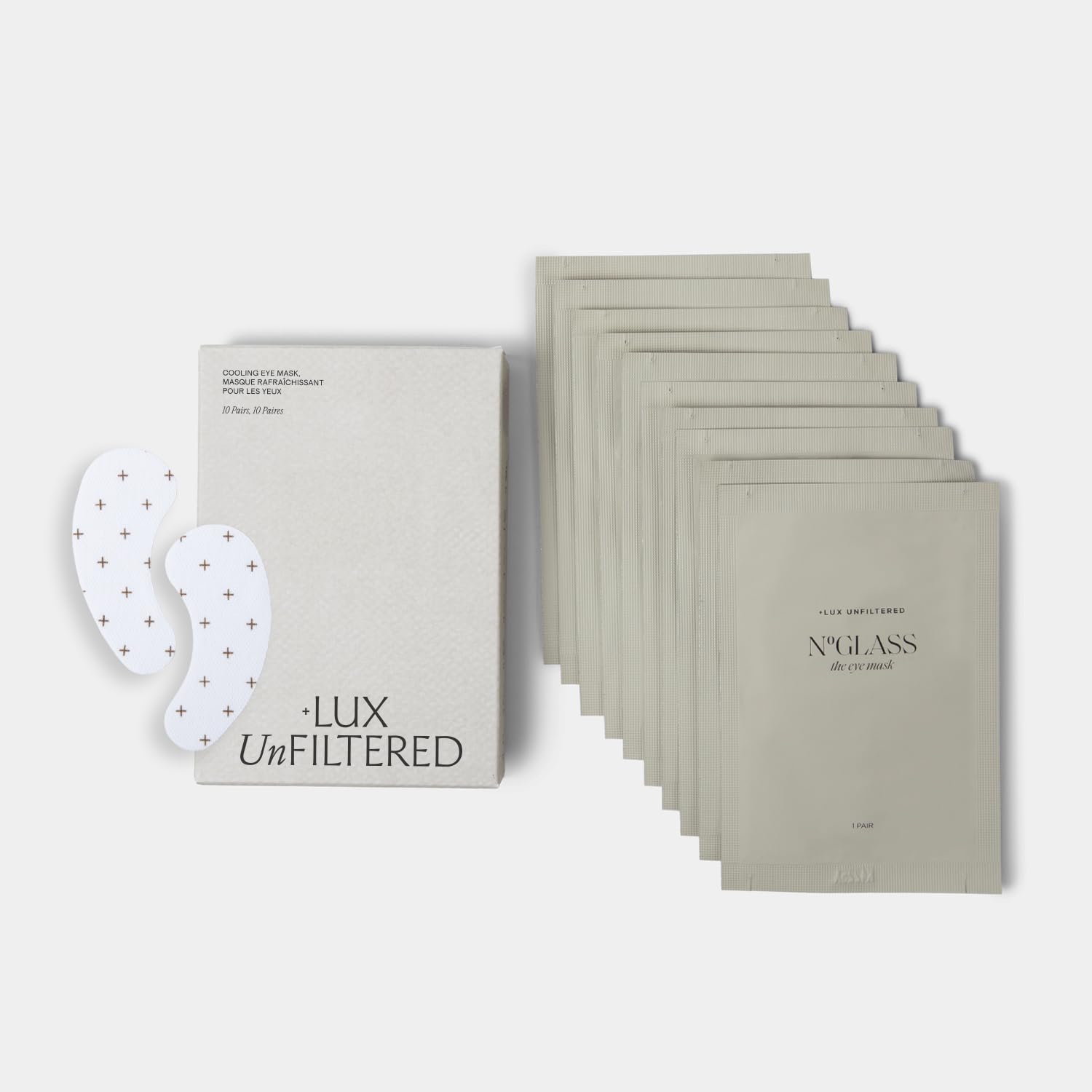 '+ Lux Unfiltered 10-count cooling under eye patches infused with caffeine for hydrating and brightening the eye area.