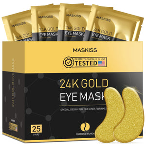 Maskiss 24k Gold Under Eye Patches Box - 25 Pairs of Collagen Eye Masks for Brightening and De-puffing