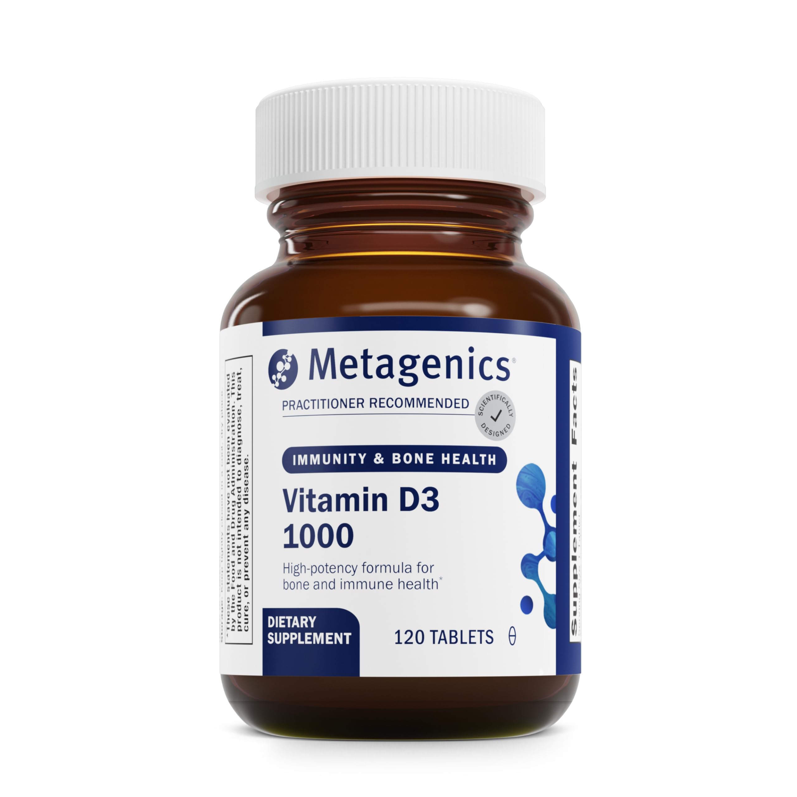 Metagenics Vitamin D3 1000 IU supplement bottle with 120 capsules for bone and immune support