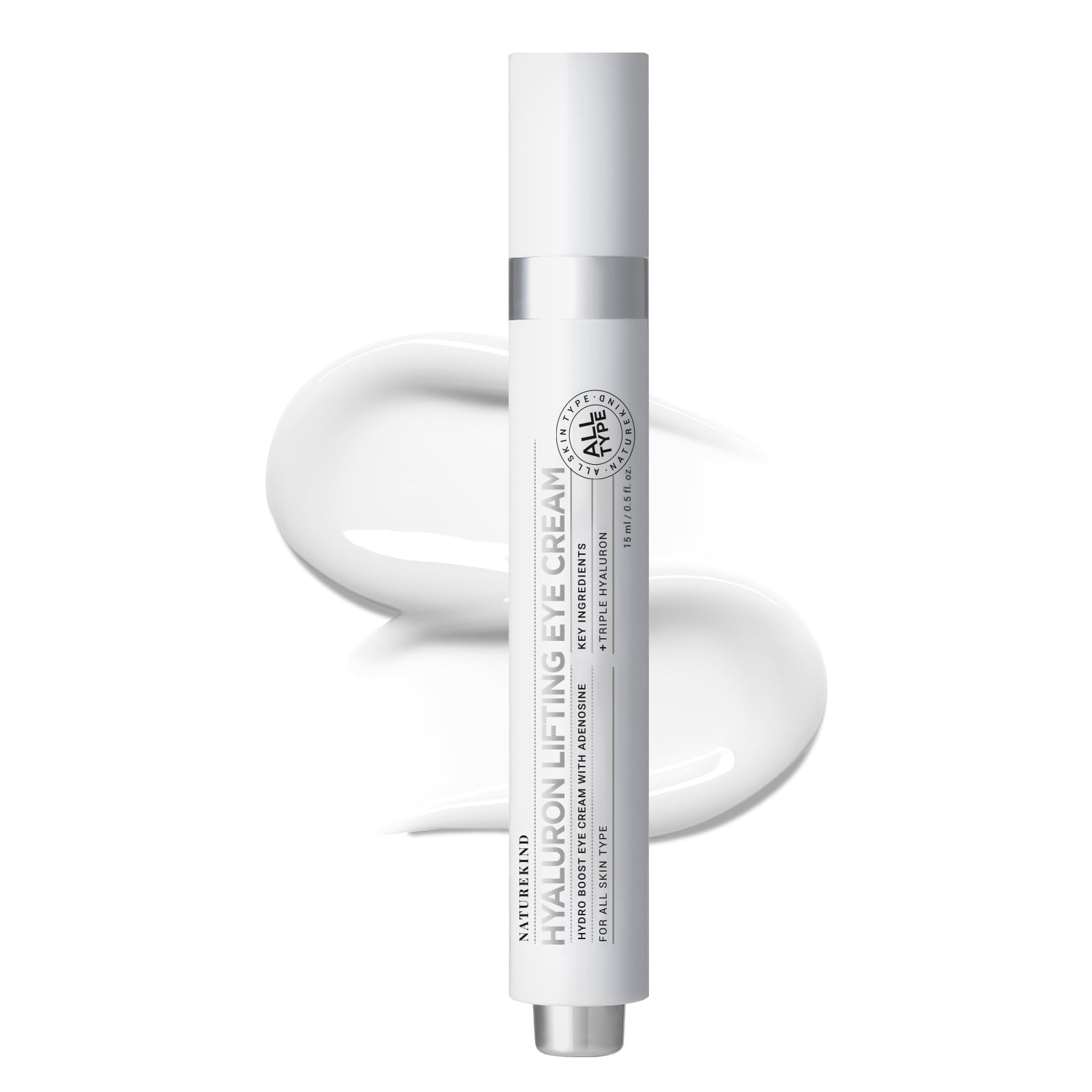 NATUREKIND Hyaluron Lifting Eye Cream 15ml tube, highlighting the 5% Arbutin and Hyaluronic Acid ingredients for brightening and lifting.