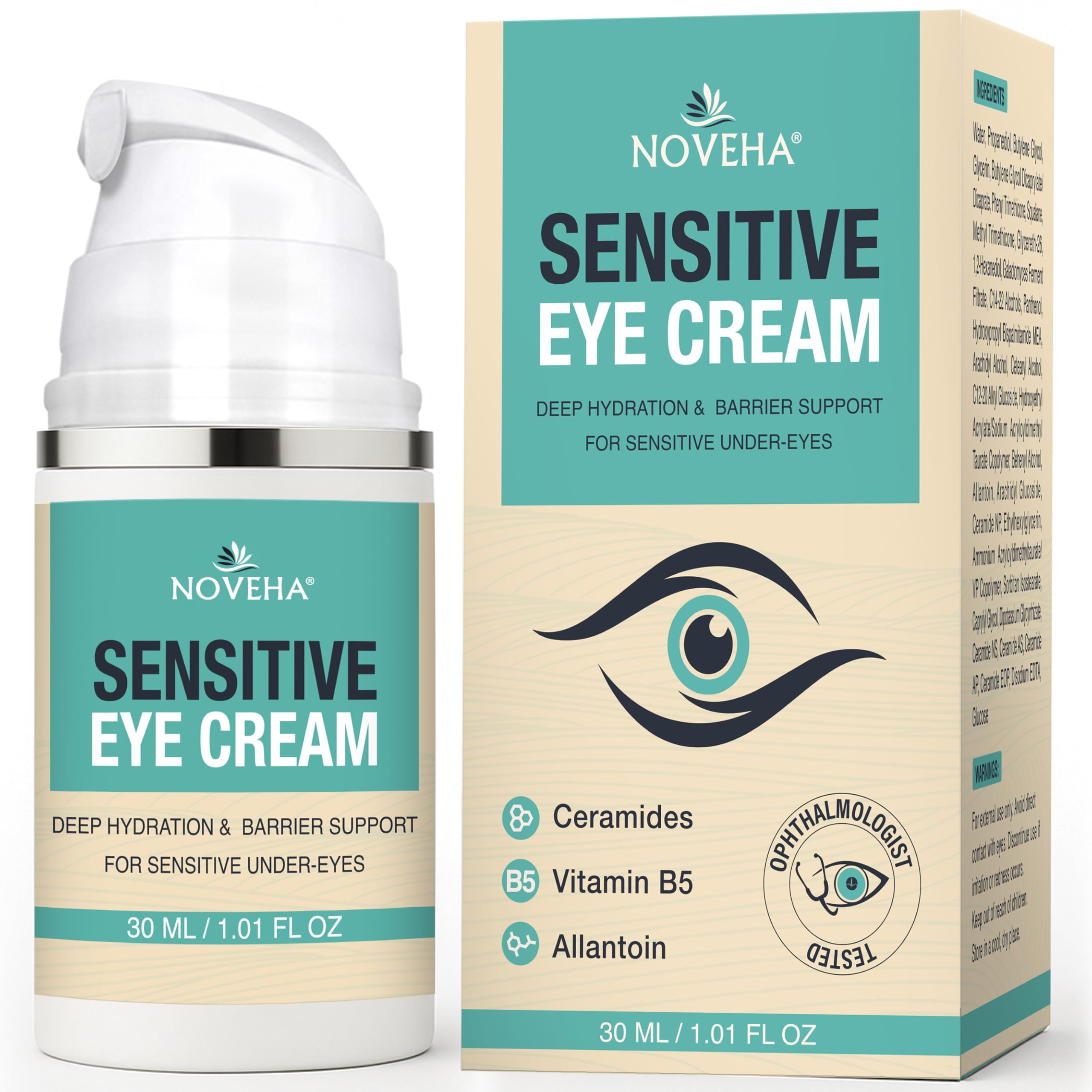 NOVEHA Daily Sensitive Eye Cream and Eyelid Moisturizer for hydrating dry skin and reducing fine lines around the eyes.