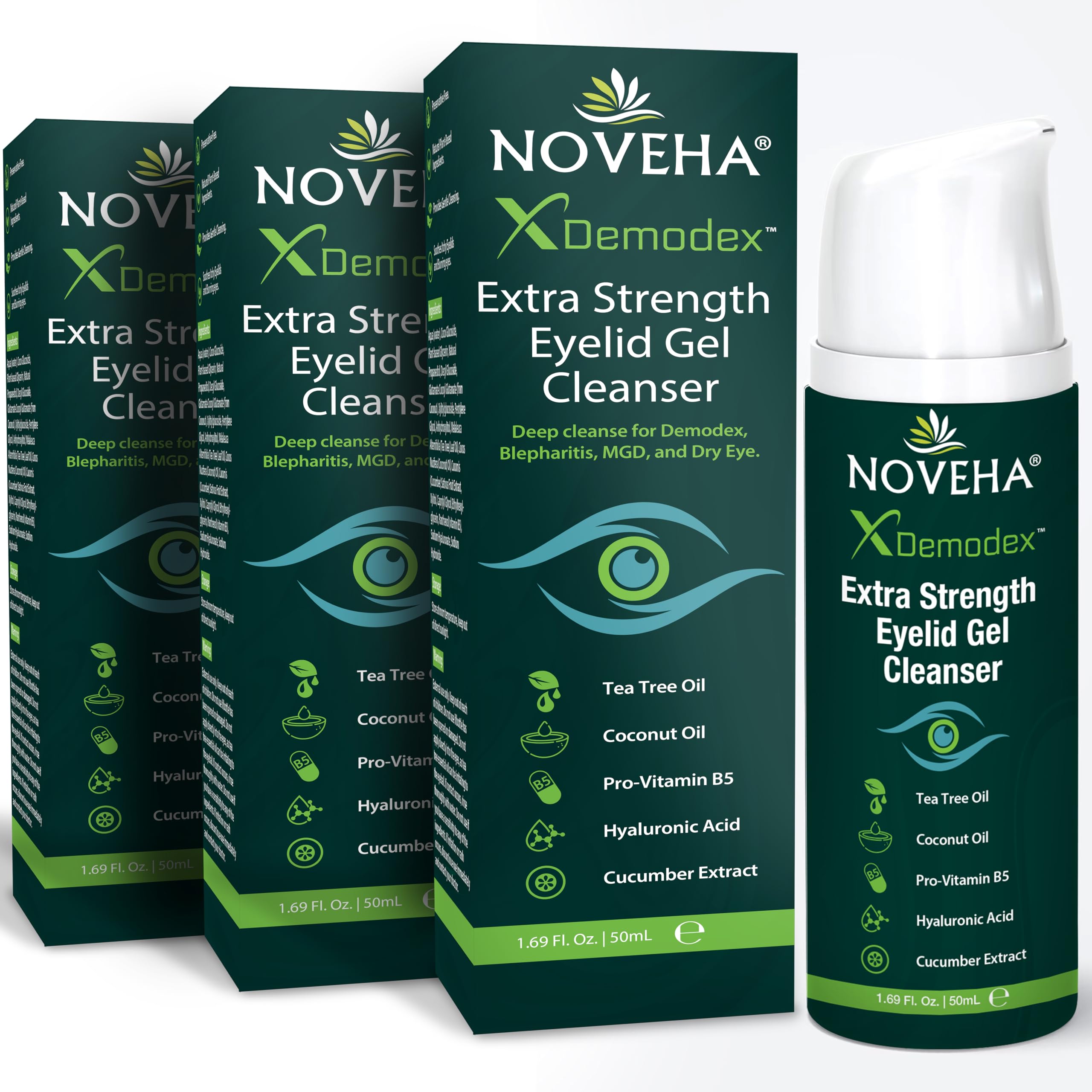 NOVEHA demodex extra strength eyelid gel cleanser with tea tree oil and hyaluronic acid for dry eye and eyelid hygiene 3 pack 50ml