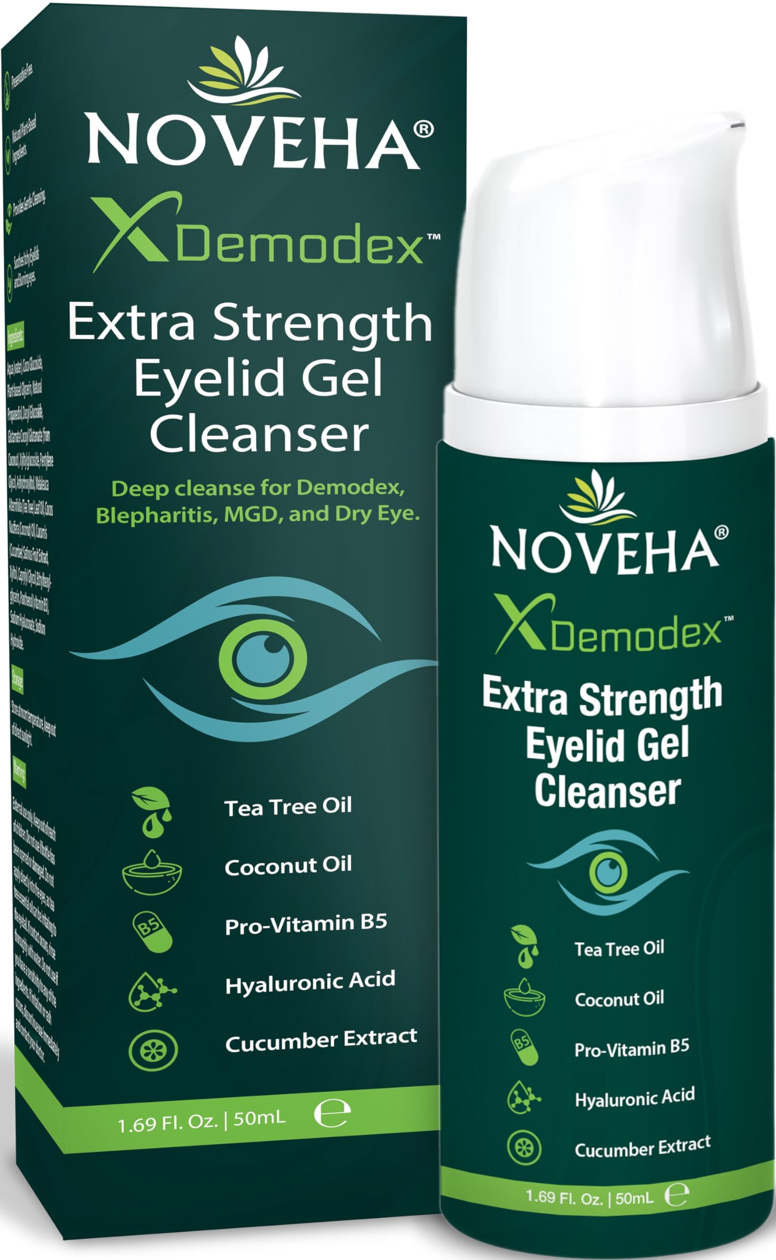 NOVEHA demodex extra strength eyelid gel cleanser with tea tree oil and hyaluronic acid for dry eye and eyelid hygiene 50ml