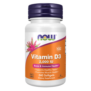 NOW Foods Vitamin D3 2000 IU softgels 240 count supplement bottle