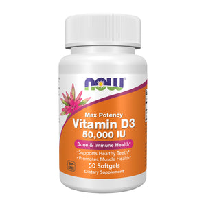 NOW Foods Vitamin D3 50000 IU softgels 50 count supplement bottle