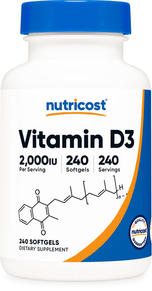 Nutricost Vitamin D3 2000 IU softgels 240 count supplement bottle