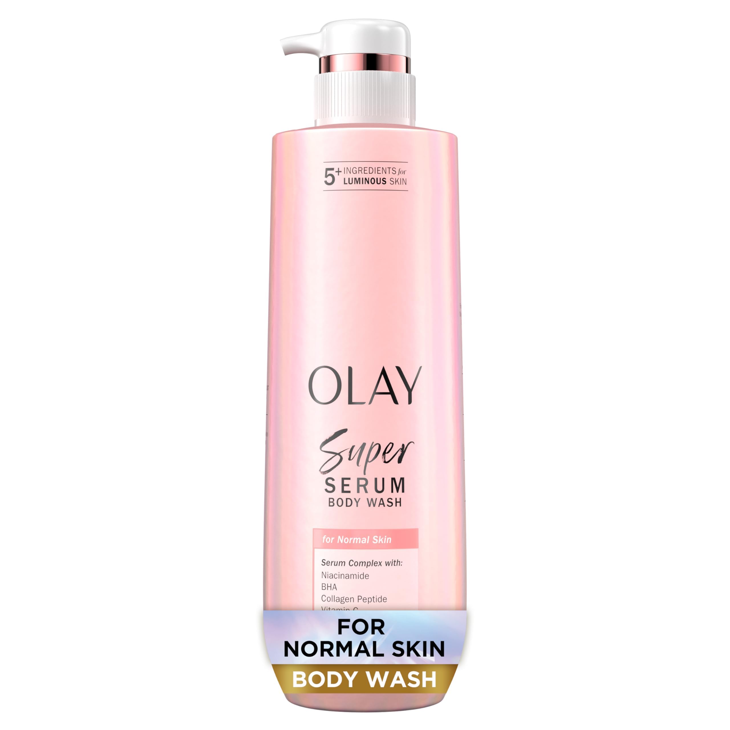 Olay Super Serum body wash bottle on a white background