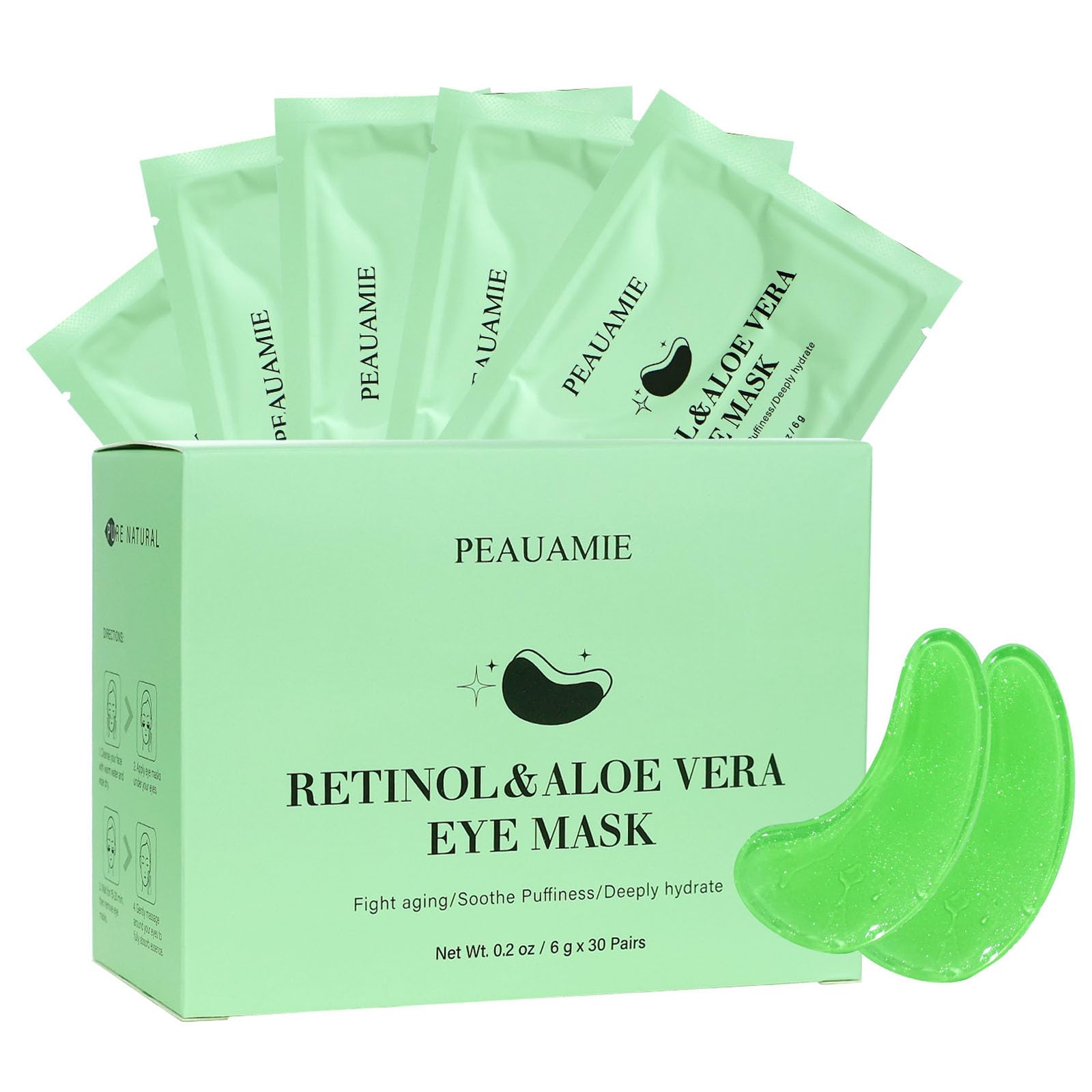 PEAUAMIE 30 Pairs Retinol and Aloe Vera Under Eye Patches for professional anti-aging and soothing results.