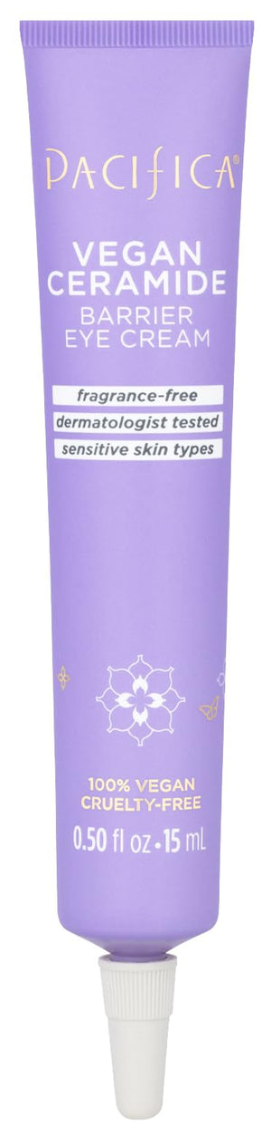 Pacifica Vegan Ceramide Barrier Eye Cream tube, a dermatologist-tested and fragrance-free moisturizer for dry, sensitive under-eye skin.