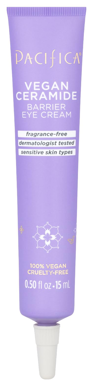 Pacifica Vegan Ceramide Barrier Eye Cream tube, a dermatologist-tested and fragrance-free moisturizer for dry, sensitive under-eye skin.