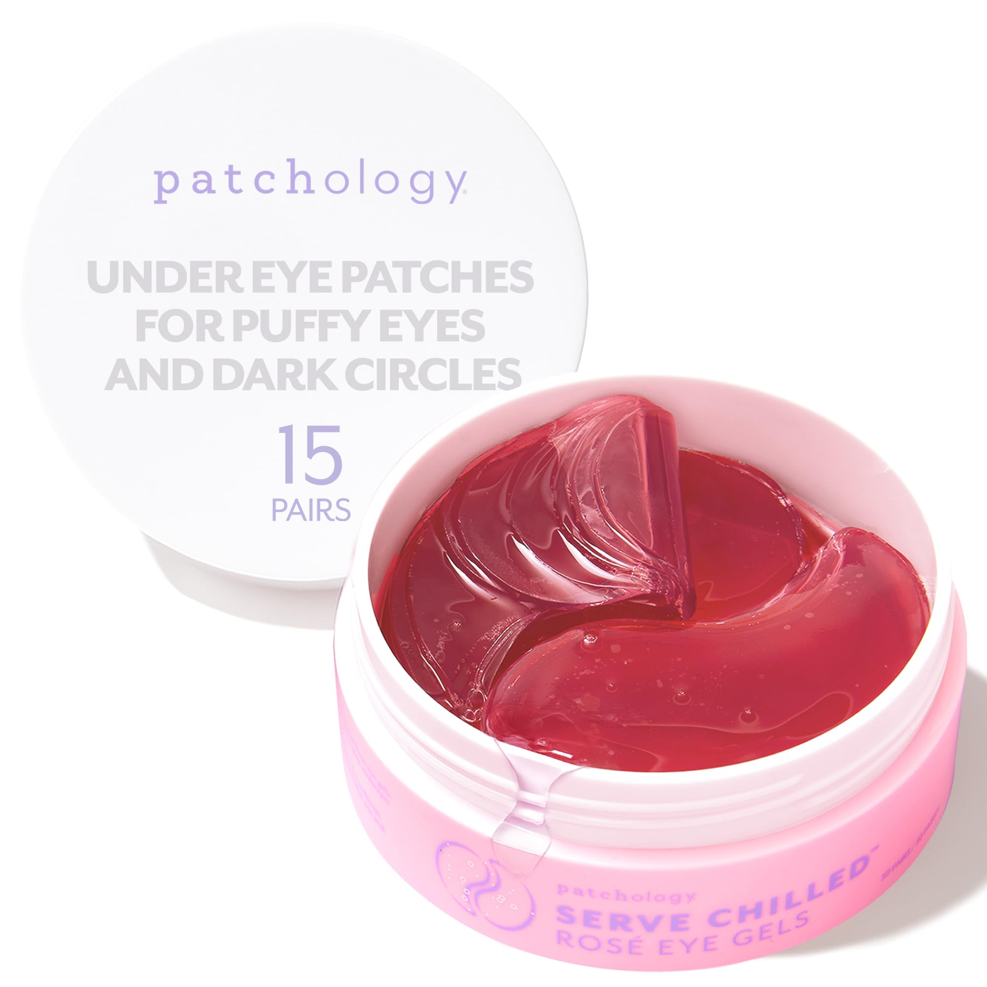 A jar of 15 pairs Patchology Serve Chilled Rosé Eye Gels with Hyaluronic Acid for puffy eyes and dark circles.