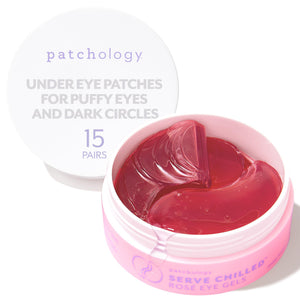 A jar of 15 pairs Patchology Serve Chilled Rosé Eye Gels with Hyaluronic Acid for puffy eyes and dark circles.