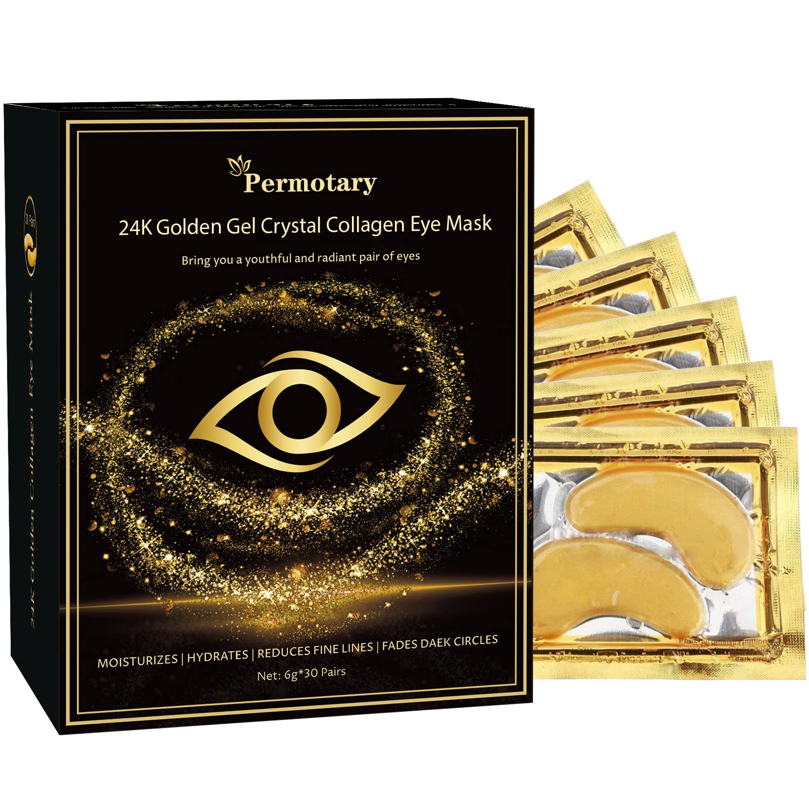 Permotary Gold Crystal Collagen Eye Masks, 60 pieces of gold-tinted hydrogel patches for brightening and hydrating the under-eye area.