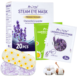 Box of 20 ProCIV disposable steam eye masks for self-heating warm compress and dry eye relief.