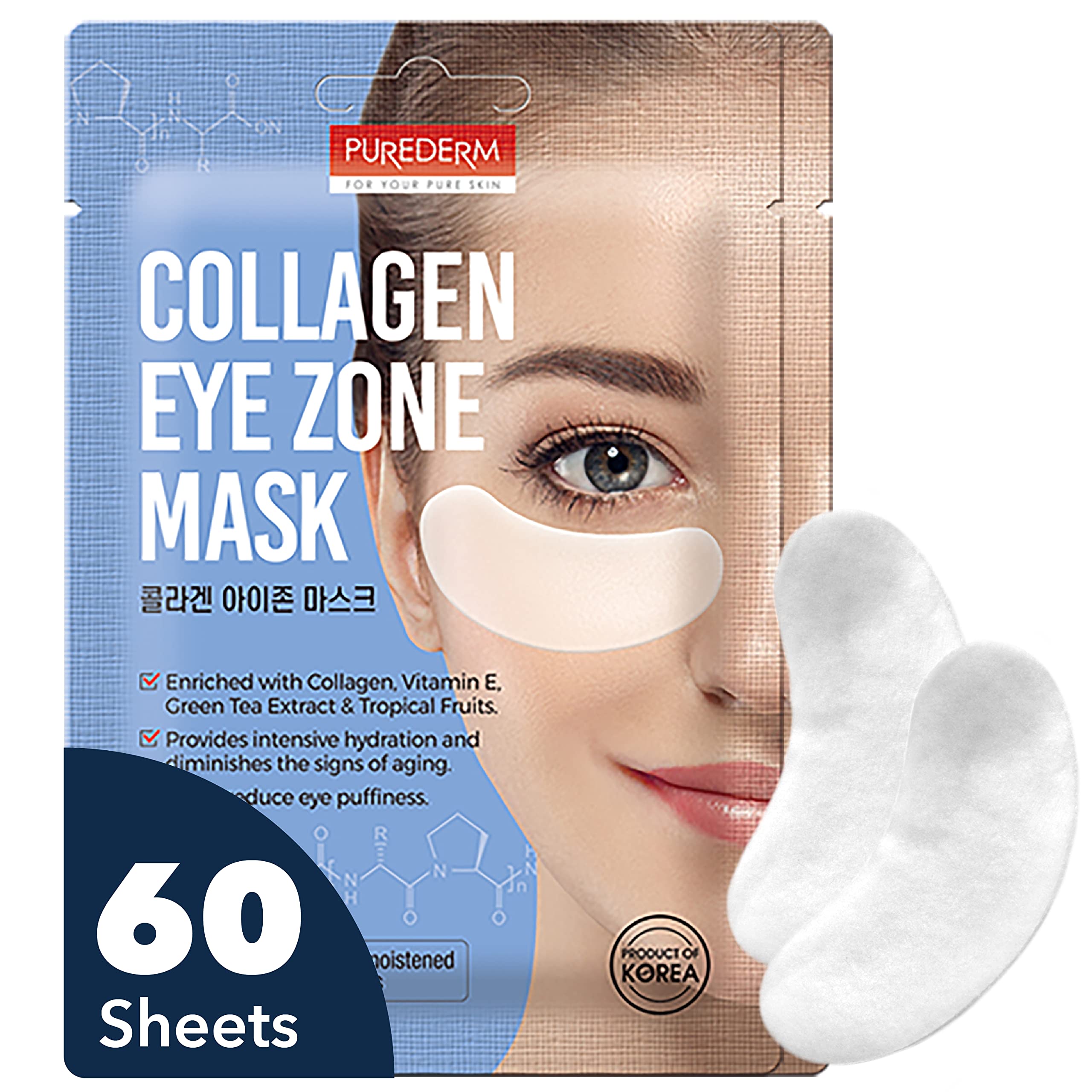 Purederm Deluxe Collagen Eye Mask 2-pack packaging, showing the moist collagen pads designed for under-eye wrinkle and dark circle care.