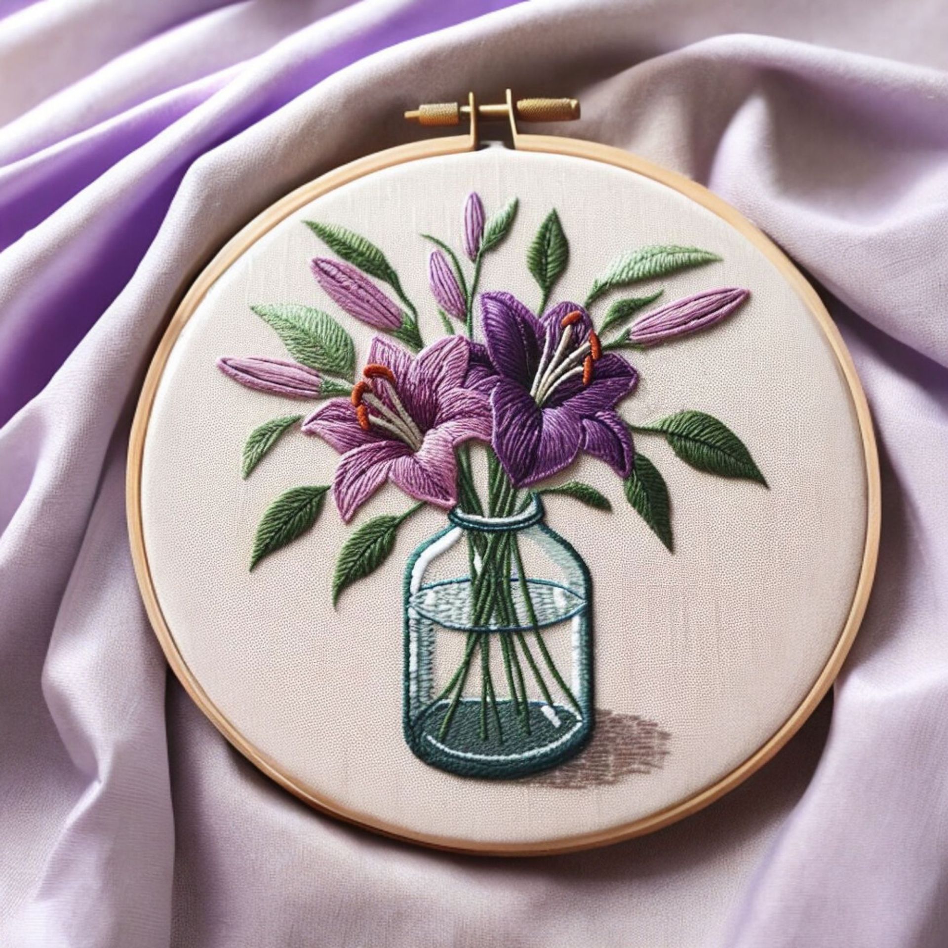 purple lily floral embroidery kit cotton linen with bamboo hoop diy needlework