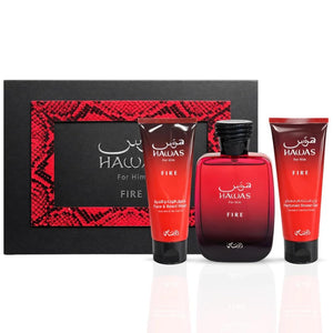 RASASI Hawas Fire for Men three piece gift set with eau de parfum face wash and shower gel