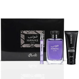 RASASI Hawas for Men three piece perfume gift set with fragrance travel spray and shower gel